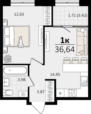Планировка 1-комн. квартира, 36.64 м² ЖК «Патрики»