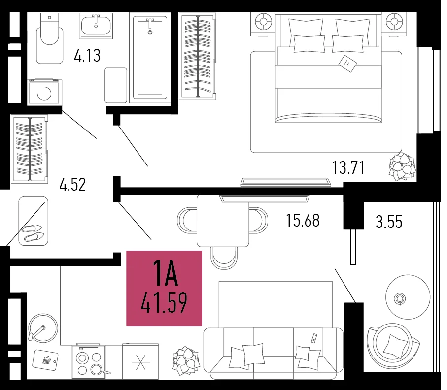Планировка 1-комн. квартира, 41.59 м² ЖК «Столицыно»