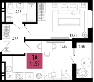 Планировка 1-комн. квартира, 41.59 м² ЖК «Столицыно»