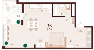 Планировка 1-комн. квартира, 57.5 м² ЖК «Роялта»