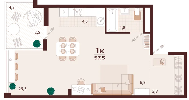 Планировка 1-комн. квартира, 57.5 м² ЖК «Роялта» Планировка 1-комн. квартира, 57.5 м² ЖК «Роялта»