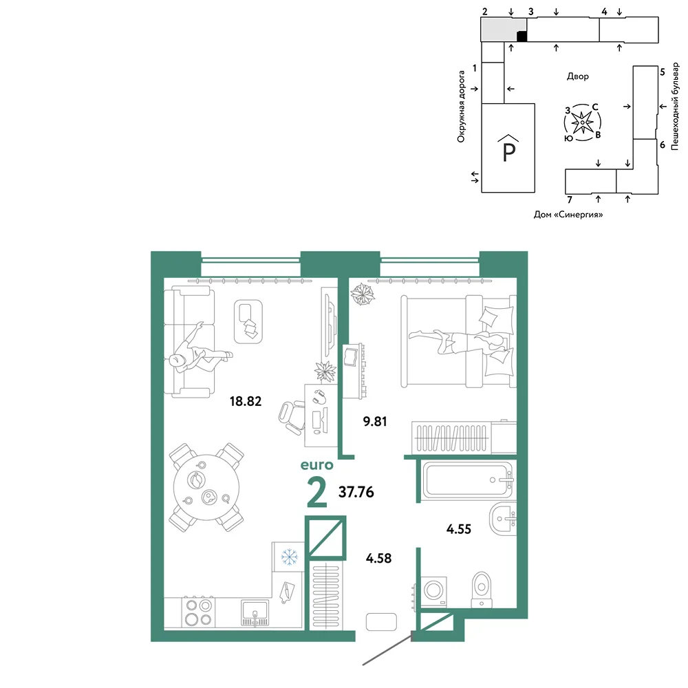 Планировка 2-комн. квартира, 37.76 м² ЖК «Юнион»