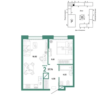 Планировка 2-комн. квартира, 37.76 м² ЖК «Юнион»