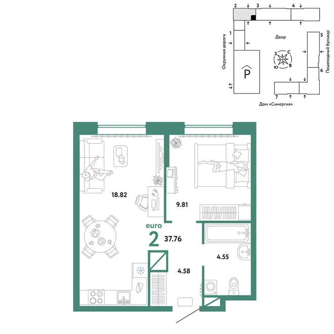 Планировка 2-комн. квартира, 37.76 м² ЖК «Юнион» Планировка 2-комн. квартира, 37.76 м² ЖК «Юнион»
