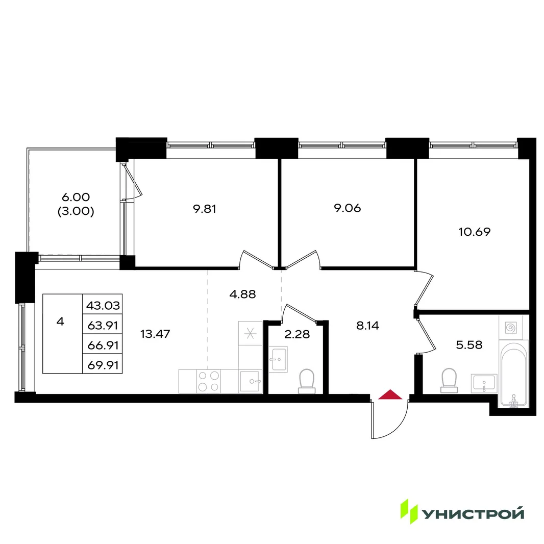 Планировка 4-комн. квартира, 66.91 м² ЖК «Уникум на Энгельса»