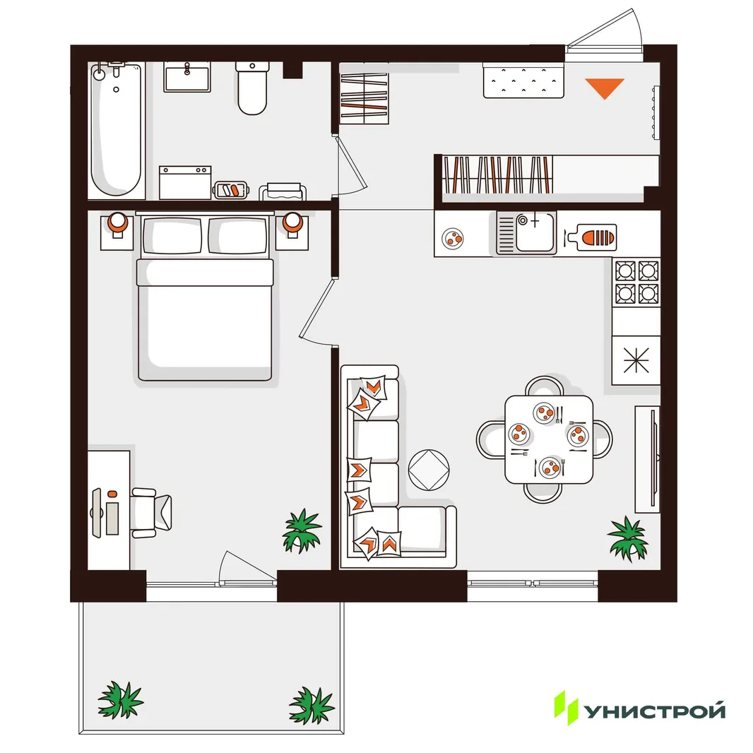 Планировка 1-комн. квартира, 45.59 м² ЖК «Лисино»