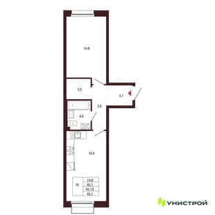 Планировка 1-комн. квартира, 45.1 м² ЖК «Лисино»