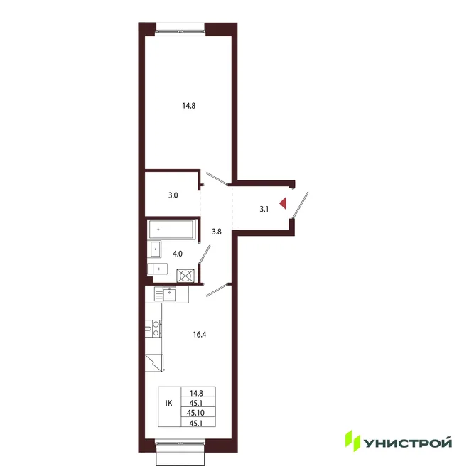 Планировка 1-комн. квартира, 45.1 м² ЖК «Лисино» Планировка 1-комн. квартира, 45.1 м² ЖК «Лисино»