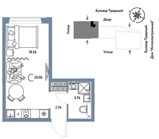 Планировка Студия, 25.06 м² ЖК «Микрорайон Домашний»