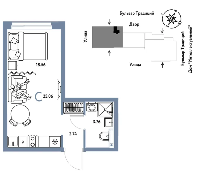 Планировка Студия, 25.06 м² ЖК «Микрорайон Домашний»