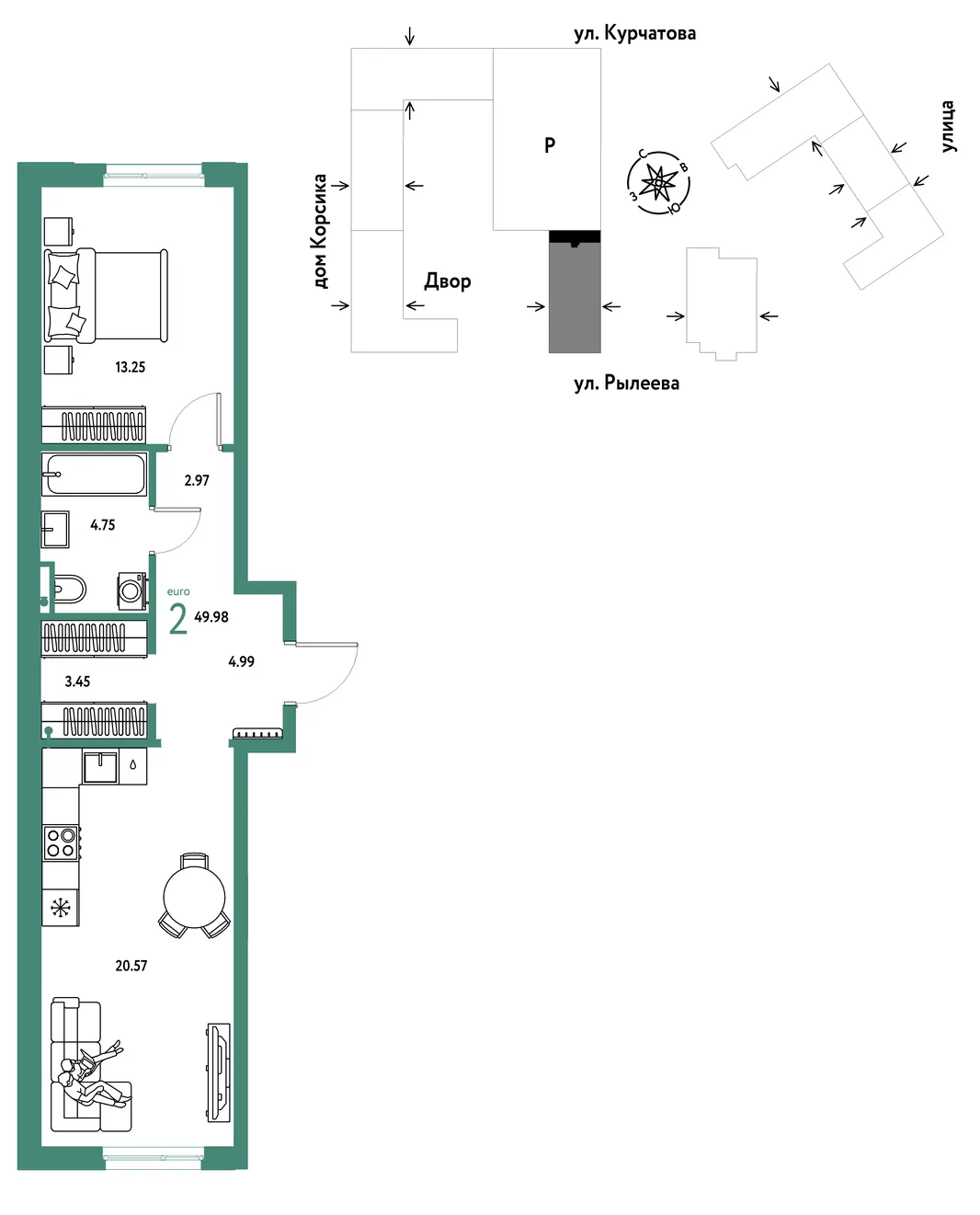 Планировка 2-комн. квартира, 49.95 м² ЖК «Остров-сад»