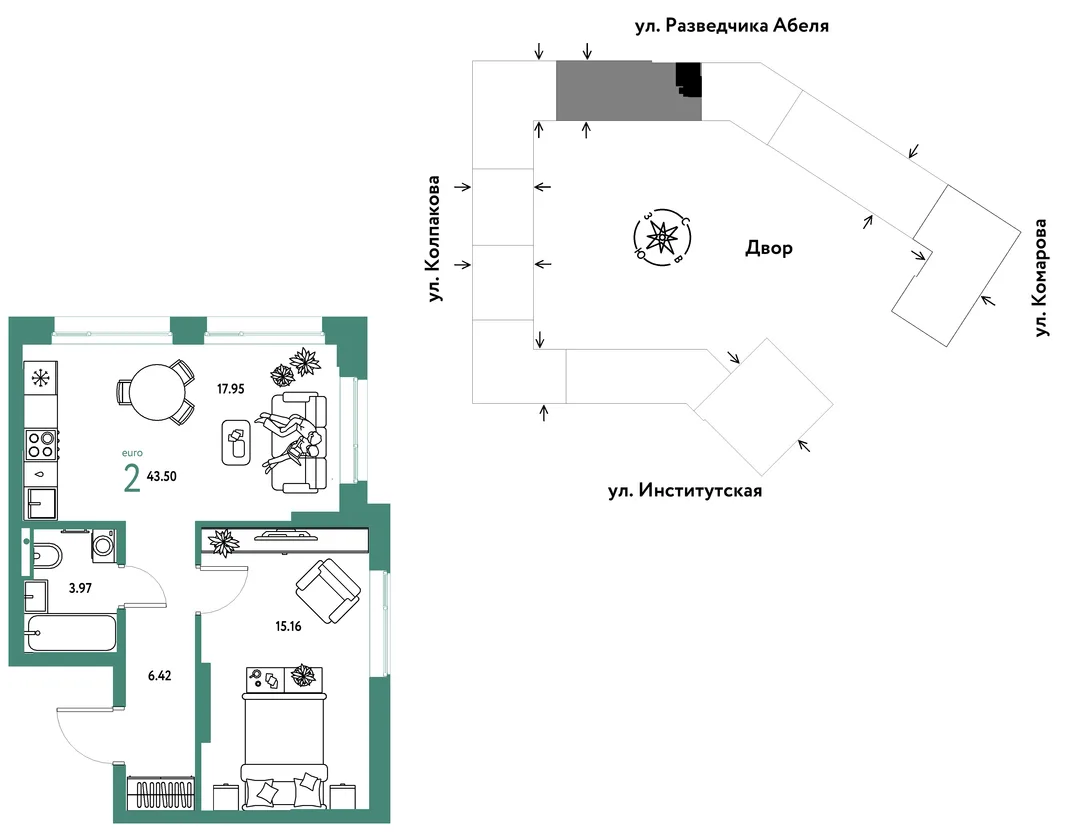 Планировка 2-комн. квартира, 43.5 м² ЖК «Страна.Парковая»