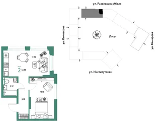 Планировка 2-комн. квартира, 43.5 м² ЖК «Страна.Парковая»