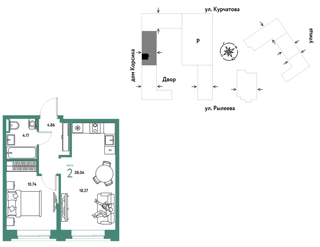 Планировка 2-комн. квартира, 38.03 м² ЖК «Остров-сад»