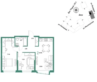 Планировка 2-комн. квартира, 60.86 м² ЖК «Страна.Парковая»