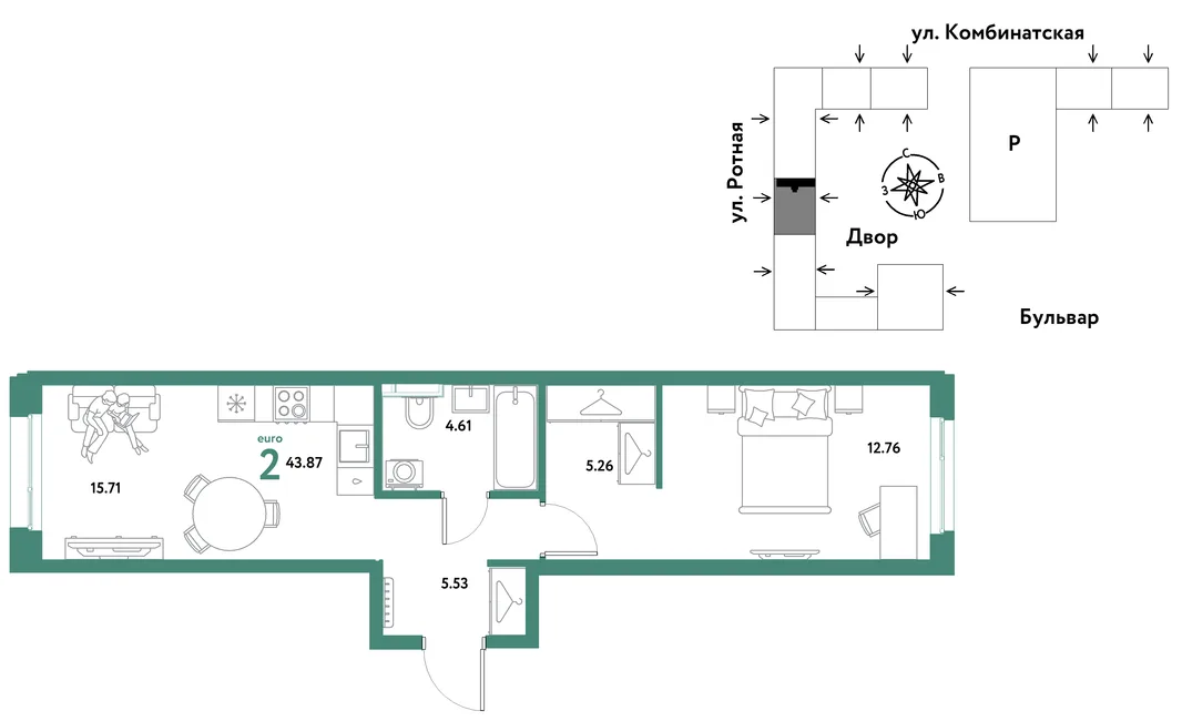 Планировка 2-комн. квартира, 43.58 м² ЖК «Уральский сад»