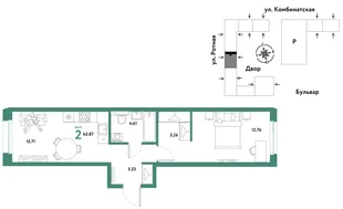 Планировка 2-комн. квартира, 43.58 м² ЖК «Уральский сад»