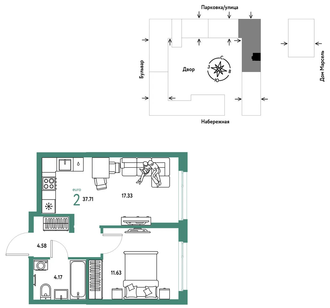 Планировка 2-комн. квартира, 37.71 м² ЖК «Европейский берег 2.0»