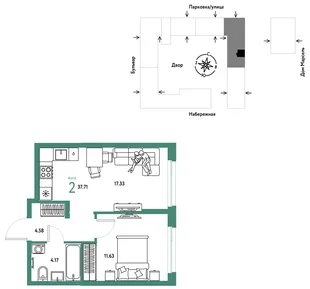 Планировка 2-комн. квартира, 37.71 м² ЖК «Европейский берег 2.0»