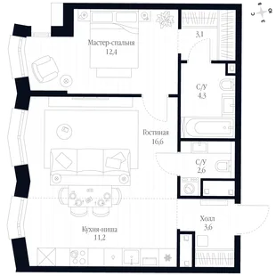 Квартира 2-комн. квартира, 53.8 м² ЖК «Фордевинд» Фото 1
