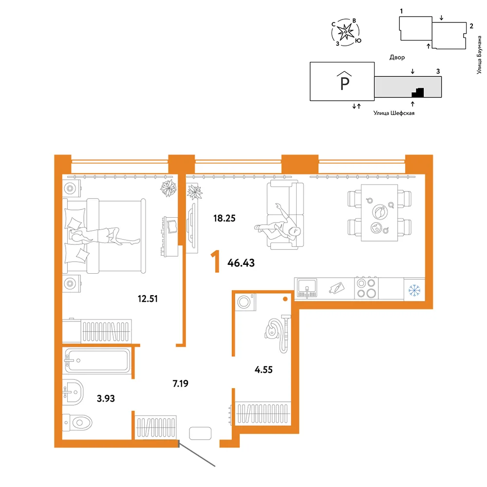 Планировка 1-комн. квартира, 46.43 м² ЖК «Страна.Энтузиастов»