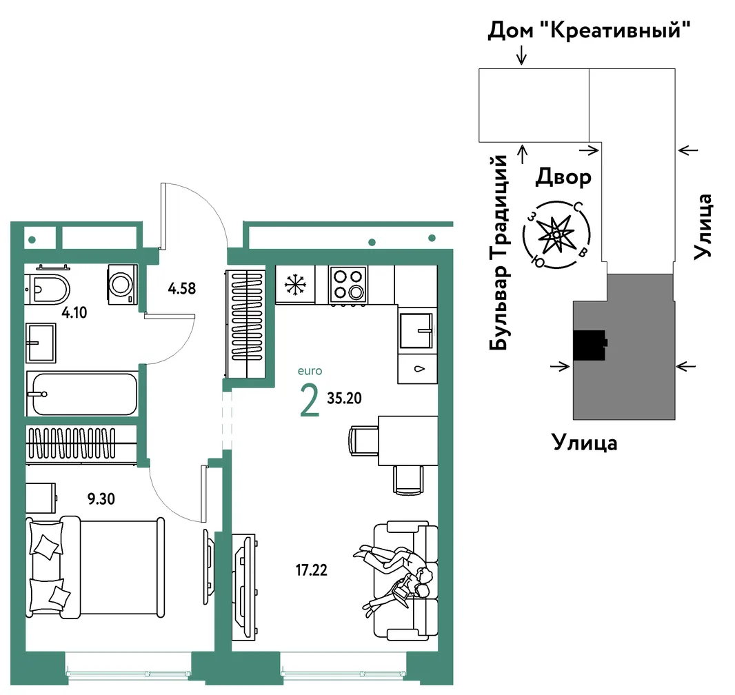 Планировка 2-комн. квартира, 35.2 м² ЖК «Микрорайон Домашний»
