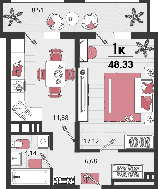 Планировка 1-комн. квартира, 48.33 м² ЖК «Родные просторы»