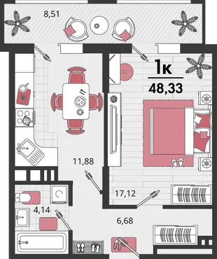 Планировка 1-комн. квартира, 48.33 м² ЖК «Родные просторы»