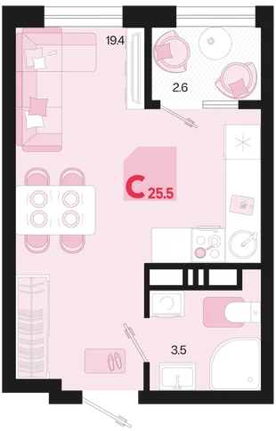 Планировка Студия, 25.5 м² ЖК «Первое место»