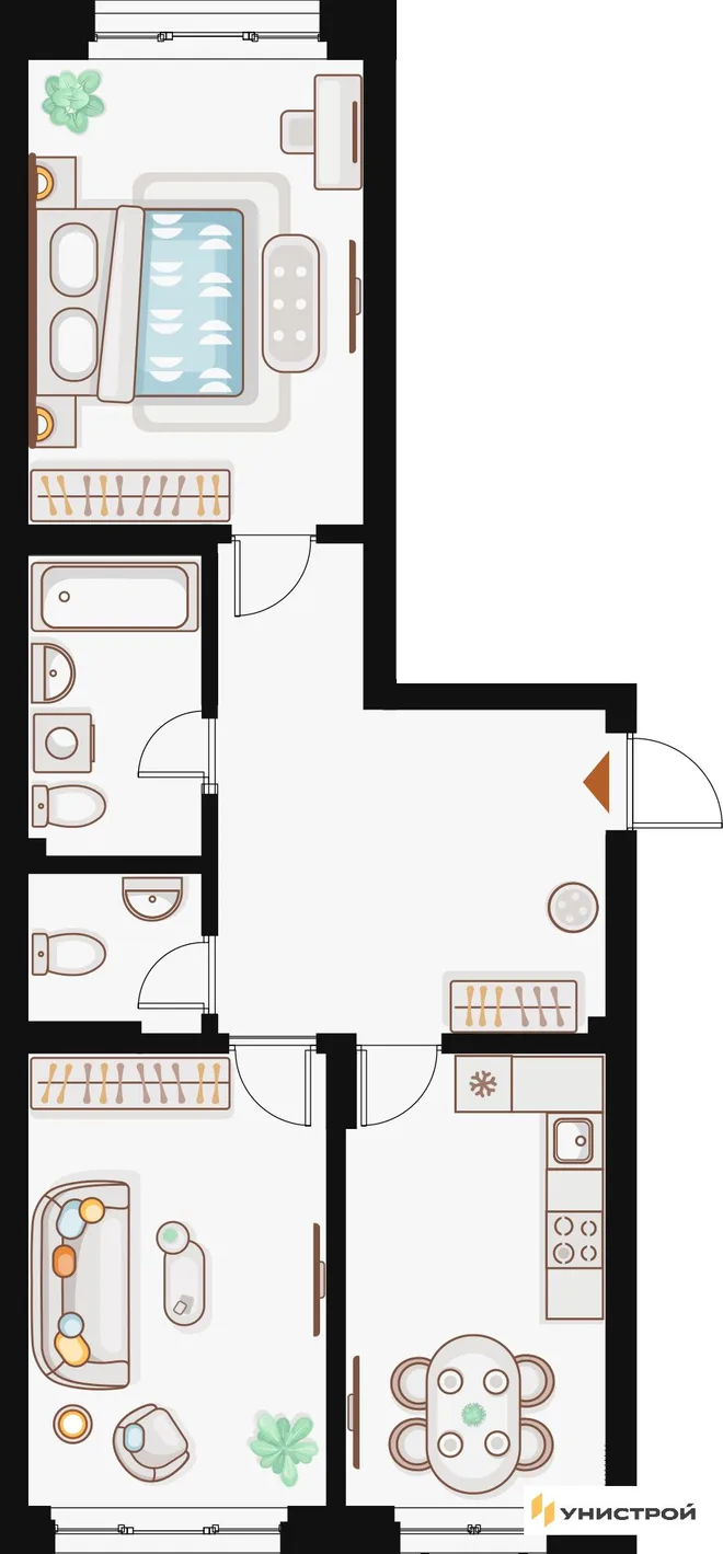 Планировка 2-комн. квартира, 68.16 м² ЖК «Жилой кластер Q на Кулагина»