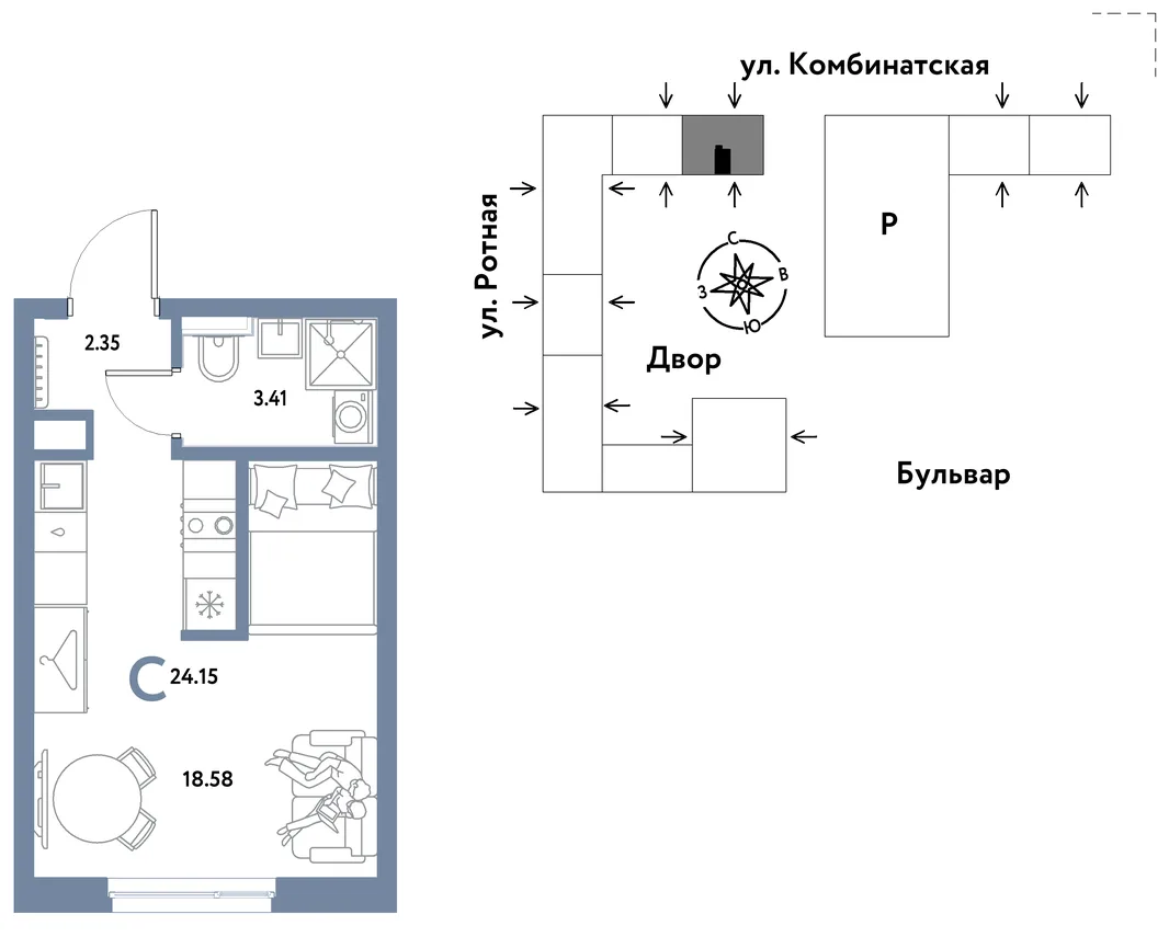 Планировка Студия, 24.15 м² ЖК «Уральский сад»