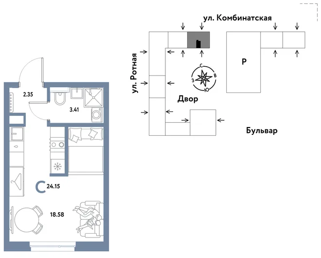 Планировка Студия, 24.15 м² ЖК «Уральский сад»