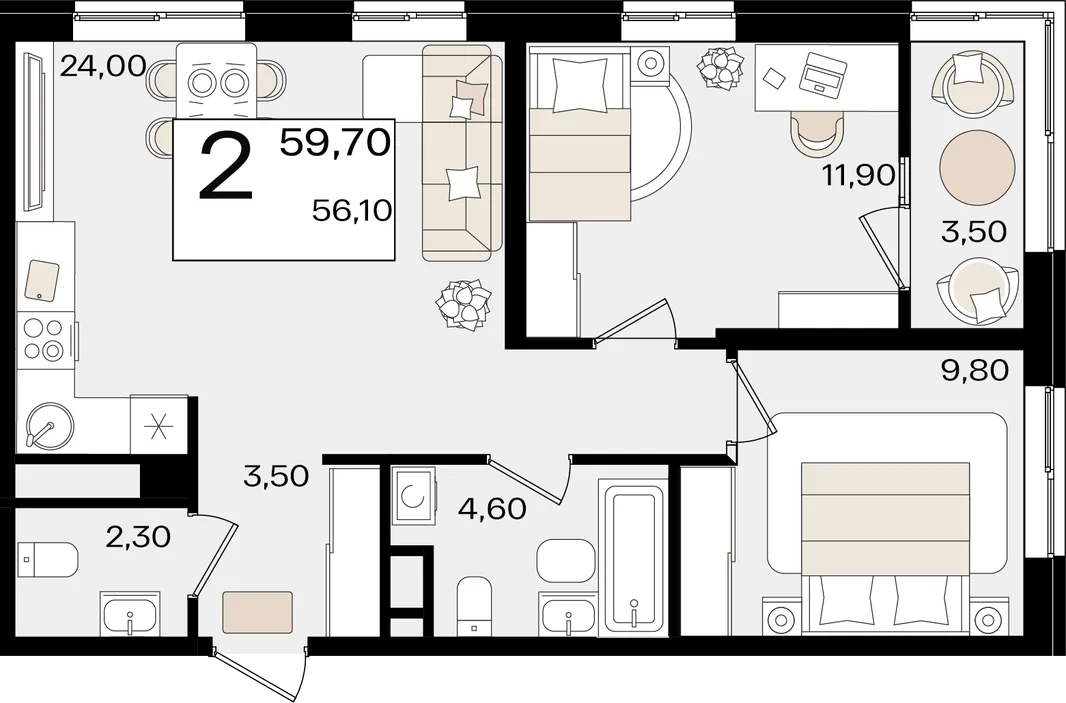 Планировка 2-комн. квартира, 59.6 м² ЖК «Патрики»