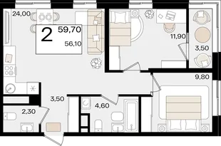 Планировка 2-комн. квартира, 59.6 м² ЖК «Патрики»