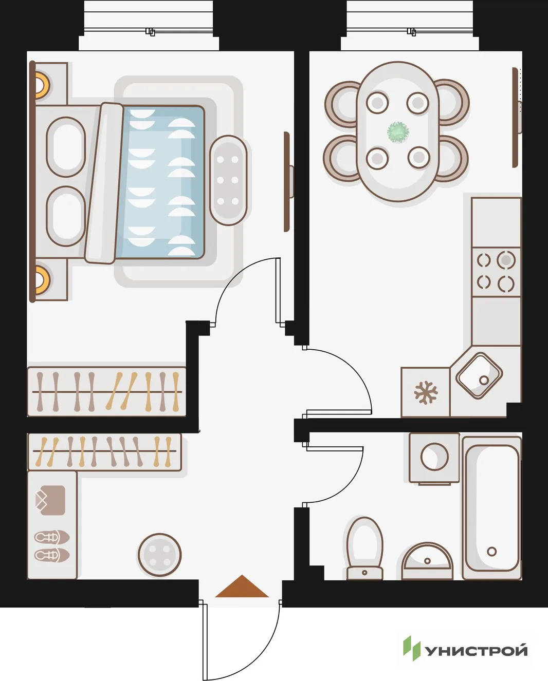 Планировка 1-комн. квартира, 36.24 м² ЖК «Жилой кластер Q на Кулагина»