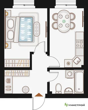 Планировка 1-комн. квартира, 36.24 м² ЖК «Жилой кластер Q на Кулагина»