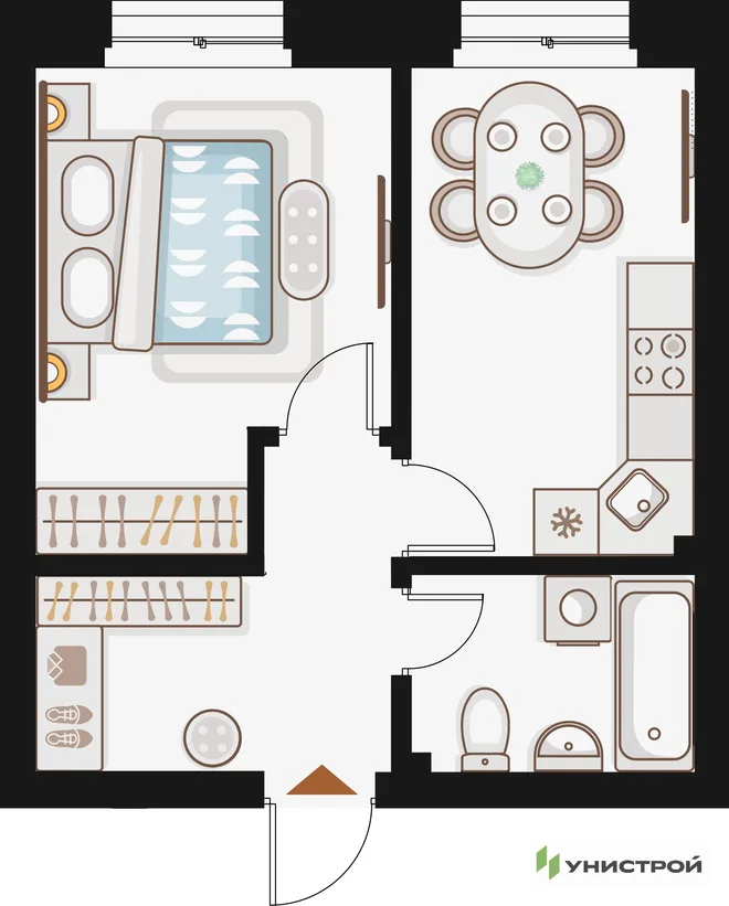 Планировка 1-комн. квартира, 36.24 м² ЖК «Жилой кластер Q на Кулагина»