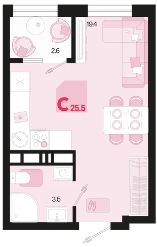 Планировка Студия, 25.5 м² ЖК «Первое место»