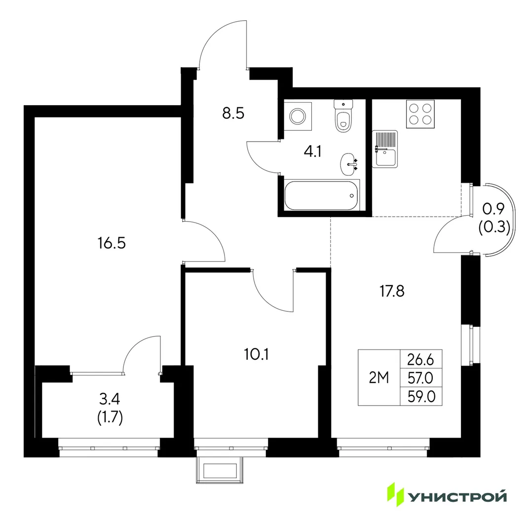 Планировка 2-комн. квартира, 59 м² ЖК «Стадиум»