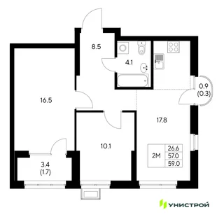 Планировка 2-комн. квартира, 59 м² ЖК «Стадиум»