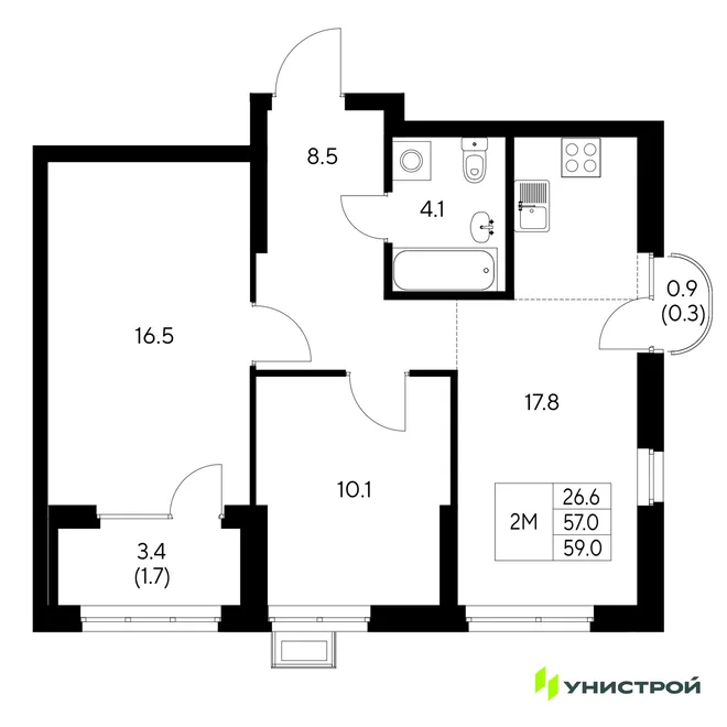 Планировка 2-комн. квартира, 59 м² ЖК «Стадиум» Планировка 2-комн. квартира, 59 м² ЖК «Стадиум»