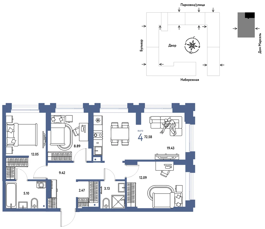 Планировка 4-комн. квартира, 72.58 м² ЖК «Европейский берег 2.0»