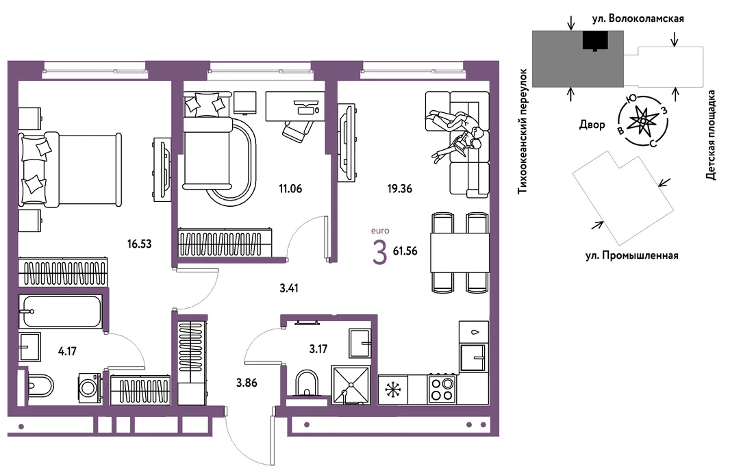 Планировка 3-комн. квартира, 61.56 м² ЖК «Страна Прибрежная»
