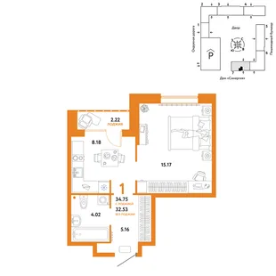 Планировка 1-комн. квартира, 34.75 м² ЖК «Юнион»