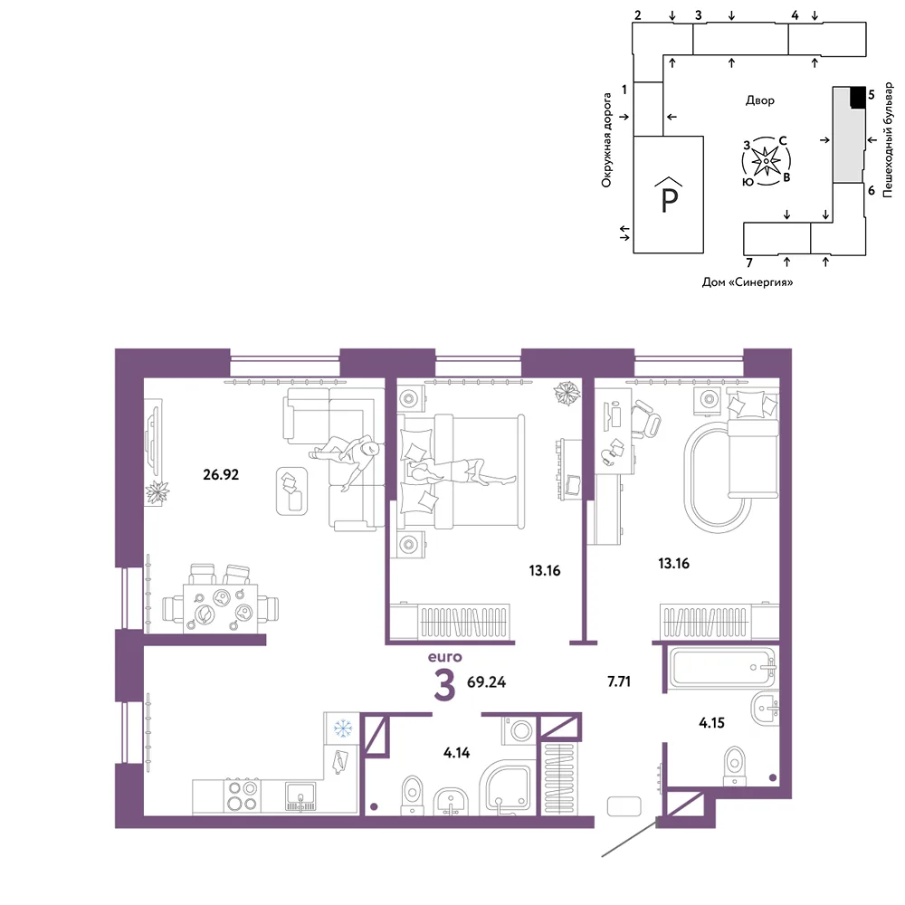 Планировка 3-комн. квартира, 69.24 м² ЖК «Юнион»