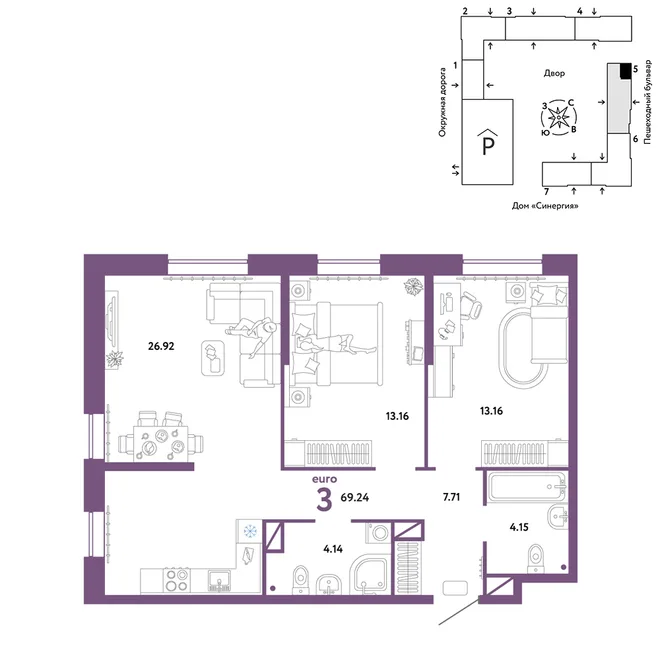 Планировка 3-комн. квартира, 69.24 м² ЖК «Юнион» Планировка 3-комн. квартира, 69.24 м² ЖК «Юнион»