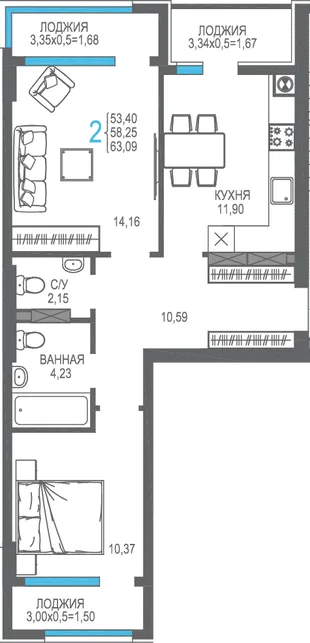 Планировка 2-комн. квартира, 58.25 м² ЖК «На Фонтанке»