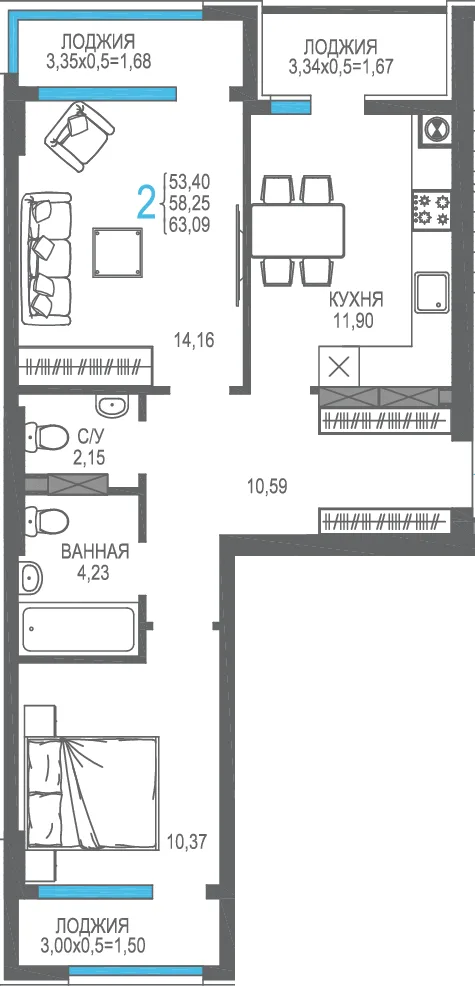 Планировка 2-комн. квартира, 58.25 м² ЖК «На Фонтанке»