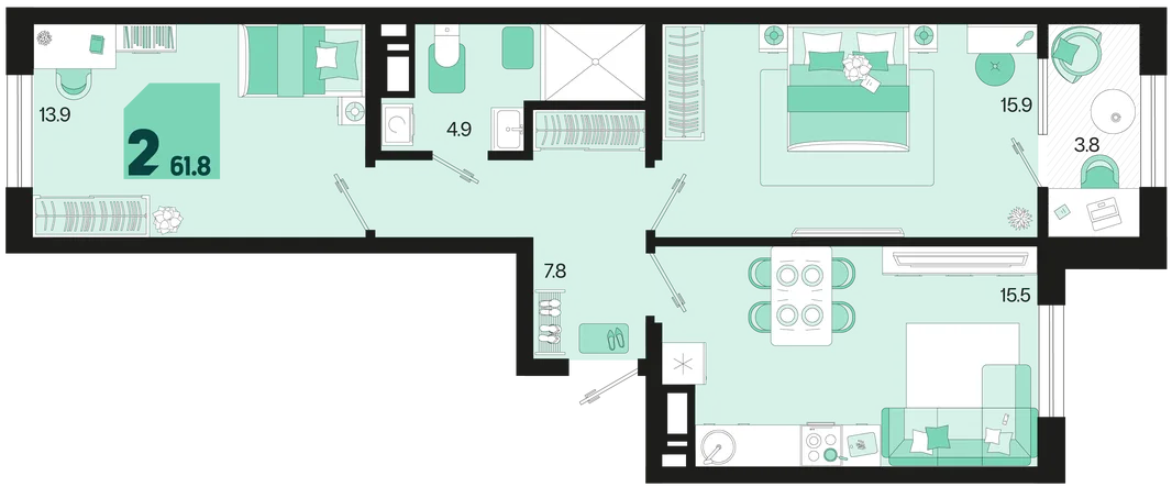 Планировка 2-комн. квартира, 61.8 м² ЖК «Первое место»