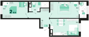 Планировка 2-комн. квартира, 61.8 м² ЖК «Первое место»
